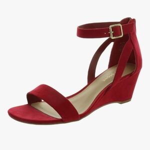 Sun + Stone Red Suede Low Wedge Heel Sandals